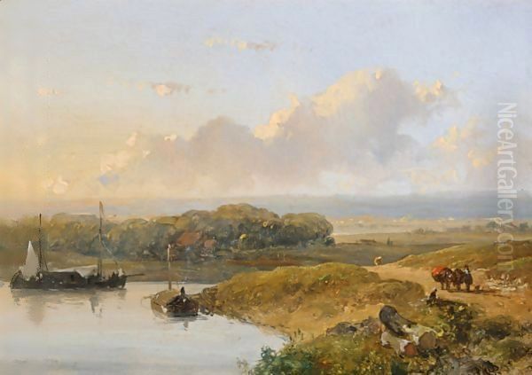 Travellers In An Extensive River Landscape Oil Painting by Nicolaas Johannes Roosenboom