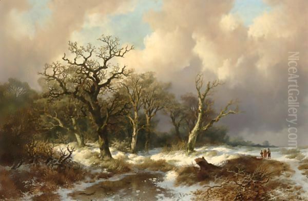 Figures In A Winter Landscape Oil Painting by Remigius Adriannus van Haanen