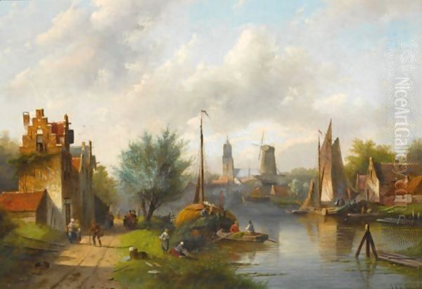 Figures On The Waterfront, A Windmill In The Distance Oil Painting by Jan Jacob Coenraad Spohler