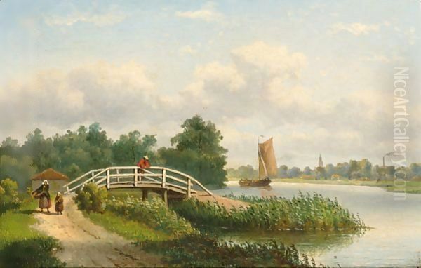 A Summer Landscape With Figures Along The River Oil Painting by Johannes Hilverdink