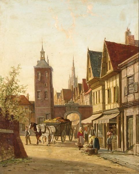 Villagers In A Sunlit Dutch Town Oil Painting by William Raymond Dommersen