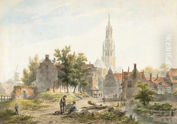 A Dutch Town View With Figures Conversing Oil Painting by Bartholomeus Johannes Van Hove