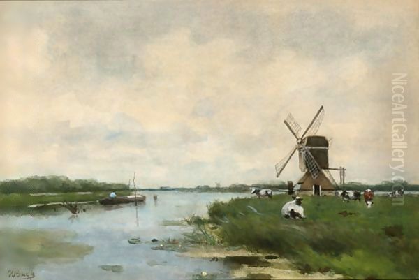 A River Landscape With A Windmill And Cattle Oil Painting by Victor Bauffe