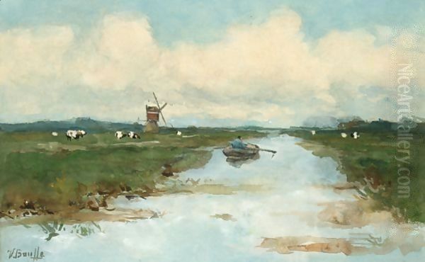 A Polder Landscape With A Rowing Boat In Summer Oil Painting by Victor Bauffe