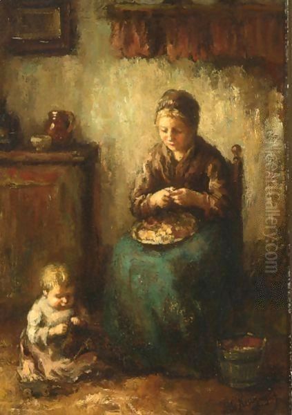 A Cottage Interior With A Mother Peeling Potatoes, Her Child Playing On The Floor Oil Painting by Albert Neuhuys