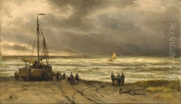 Fisherfolk By A Beached Bomschuit Oil Painting by George Laurens Kiers