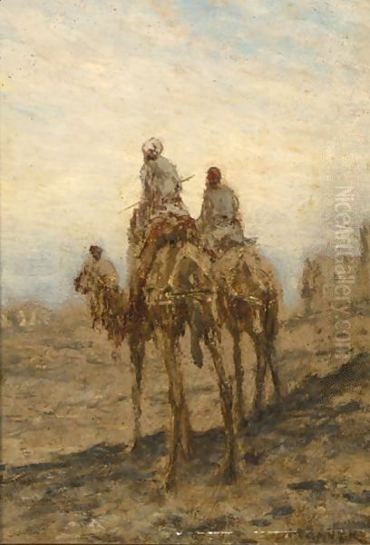 Bedouins On Camels In The Desert Oil Painting by Marius Bauer