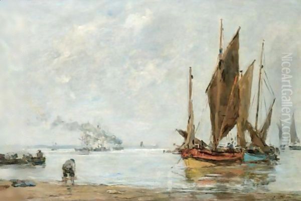 Bateaux A L'Ancre Le Long Du Rivage Oil Painting by Eugene Boudin