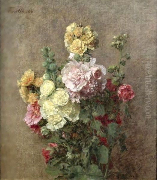 Roses Tremieres Sans Vase Oil Painting by Ignace Henri Jean Fantin-Latour