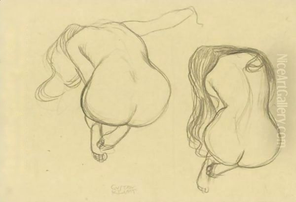 Studies Of A Seated Nude From Behind With Long Hair Oil Painting by Gustav Klimt