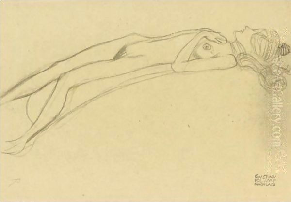 Lying Girl Nude On Her Back, The Right Hand Above Her Head Oil Painting by Gustav Klimt