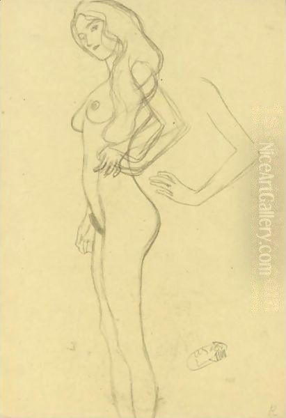 Standing Female Nude To The Left, Arm Study Oil Painting by Gustav Klimt