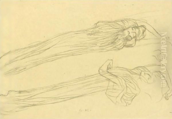 Two Studies Of A Floating Draped Figure To The Right Oil Painting by Gustav Klimt