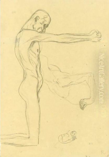 Kneeling Male Nude With Sprawled Out Arms, Male Torso Oil Painting by Gustav Klimt