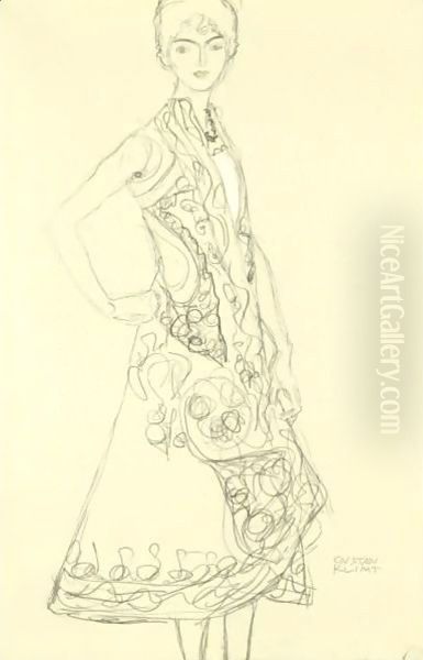 Woman In Richly Patterned Dress, Right Hand Resting On Hip Oil Painting by Gustav Klimt