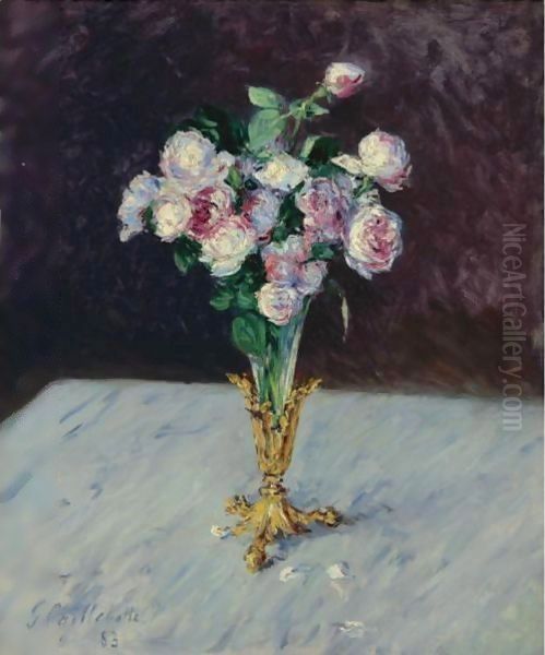 Bouquet De Roses Dans Un Vase De Cristal Oil Painting by Gustave Caillebotte