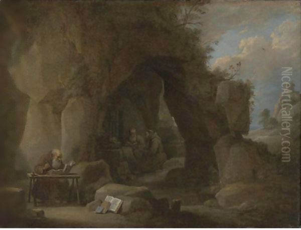 Hermits Writing In A Rocky Landscape Oil Painting by David The Younger Teniers