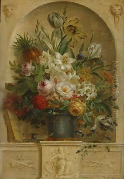 Still Life Of Flowers In A Niche Oil Painting by Willem van Leen