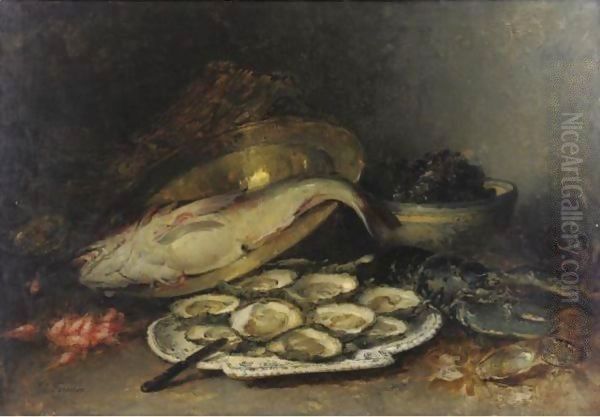 Still Life With Oysters, Salmon And Shrimp Oil Painting by Guillaume-Romain Fouace