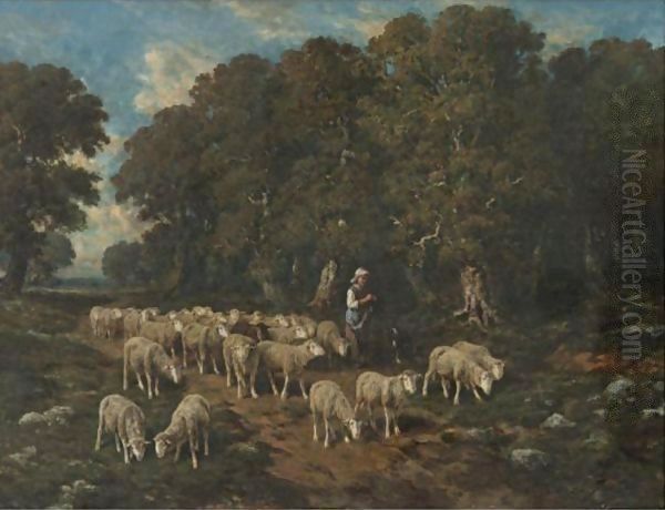 A Shepherdess With Her Flock 4 Oil Painting by Charles Emile Jacque