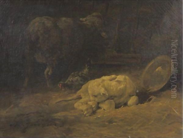 A Calf Oil Painting by Charles Emile Jacque