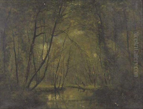 A Forest Stream Oil Painting by Cesar De Cock