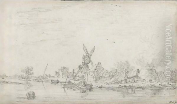 The Mill 'De Kat' And The Lime Kiln At The Zuider Buiten Spaarne, Near Haarlem, With Men Unloading Boats Oil Painting by Jan van Goyen