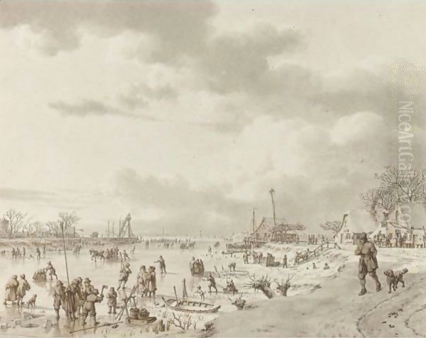 An Extensive Winter Landscape, With Figures On A Frozen River Leading To Open Water In The Distance Oil Painting by Jacob Cats