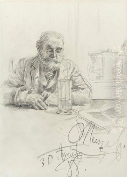 An Elderly Bearded Man Seated In A Cafe Oil Painting by Adolph von Menzel