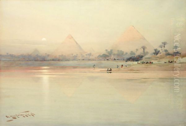 A View Of The Pyramids At Sunset Oil Painting by Augustus Osborne Lamplough