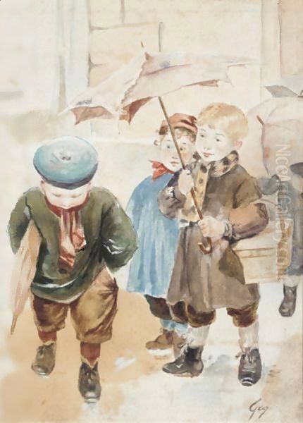 A Rainy Day Oil Painting by Henri-Jules-Jean Geoffroy (Geo)