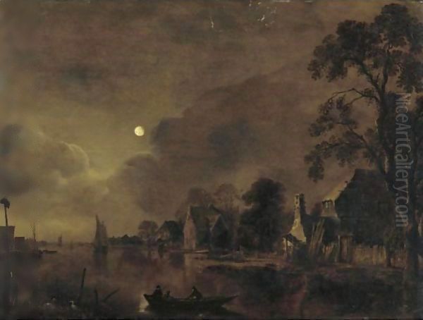 A Moonlit Landscape With Two Men On A Raft In The Foreground Oil Painting by Aert van der Neer