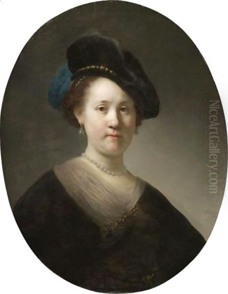 Portrait Of A Young Woman With A Black Cap Oil Painting by Rembrandt Van Rijn