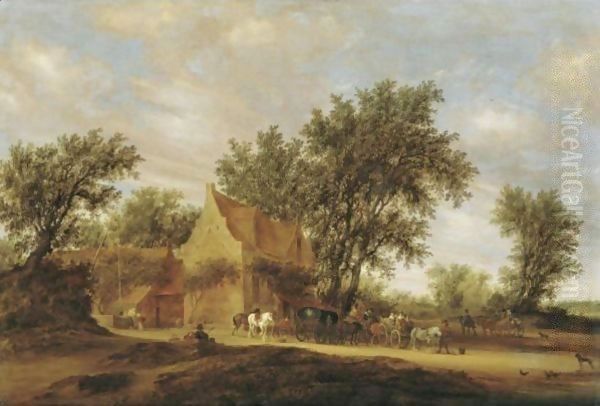 Travellers Halting Before An Inn Oil Painting by Salomon van Ruysdael