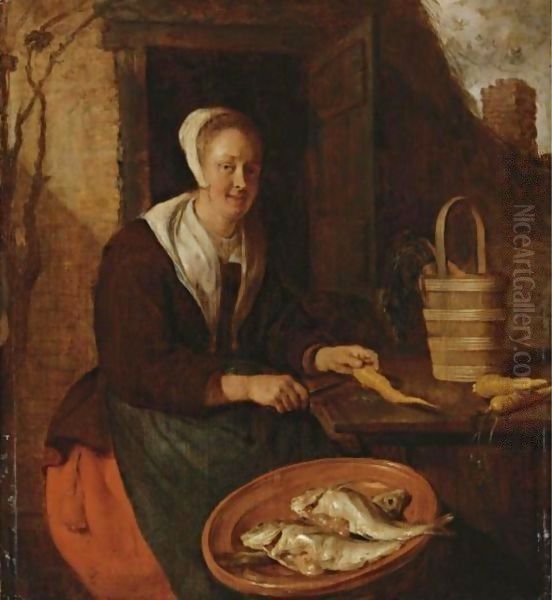 A Kitchenmaid Preparing Carrots Oil Painting by Gabriel Metsu