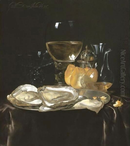 Still Life With A Roemer, A Carafe Of Vinegar, A Glass Tazza, A Bread Roll And Oysters On A Silver Plate On A Draped Table Top Oil Painting by Willem Van Aelst