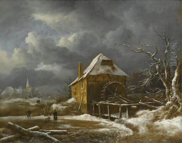 A Winter Landscape With A Watermill Oil Painting by Jacob Van Ruisdael