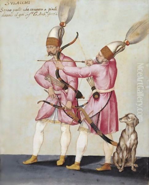 Two Solak Archers With A Dog Oil Painting by Jacopo Ligozzi