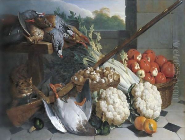 A Still Life Of Game With A Musket, Baskets Of Apples And Mushrooms, A Bunch Of Celery, Two Cauliflowers And A Cat Oil Painting by Alexandre-Francois Desportes