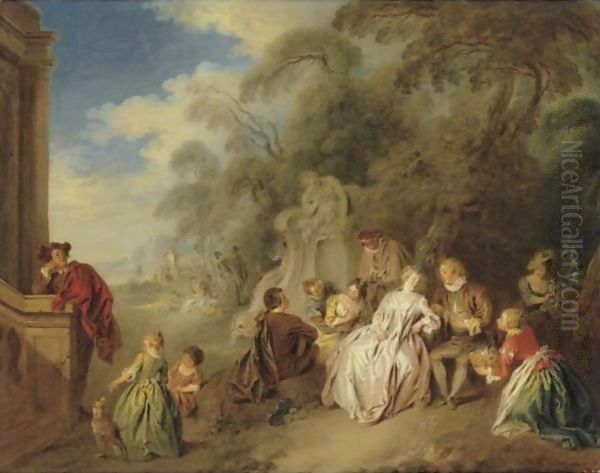 Fete Galante With Figures In A Park Amour Et Badinage Oil Painting by Jean-Baptiste Joseph Pater