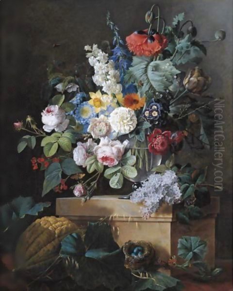 An Elaborate Still Life Of Flowers In A Glass Vase Resting On An Alabaster Pedestal With A Bird Nest And A Melon Below Oil Painting by Pierre-Joseph Redoute