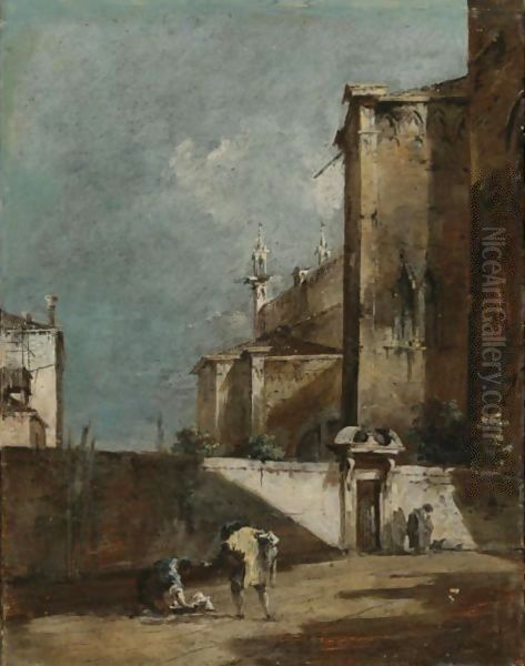 Architectural Capriccio With Figures By The Walled Garden Of A Gothic Church Oil Painting by Francesco Guardi