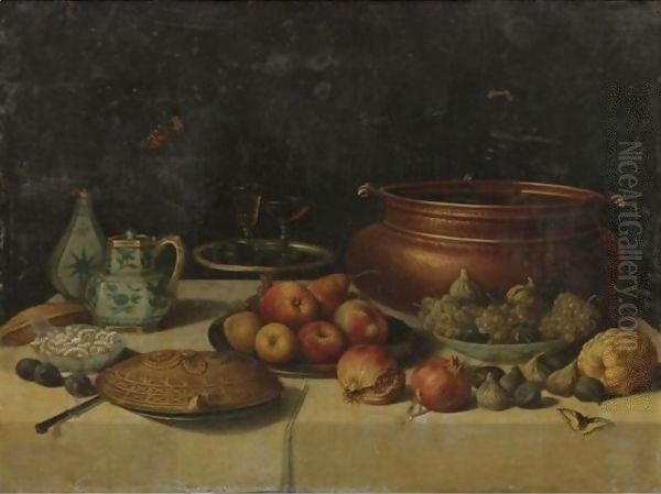 Still Life Of Fruit, A Pie, A Large Copper Pot, A Blue And White Porcelain Pitcher And Vase And Other Objects, All On A Table Oil Painting by Jan van Kessel