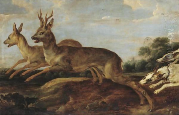 A Stag Hunt Oil Painting by Paul de Vos