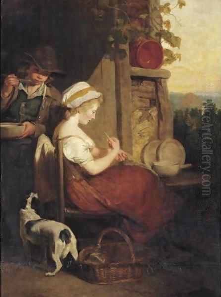 A Young Lady Seated Outside A Cottage Mending A Net, With A Young Boy Behind Eating From A Bowl, The Industrious Cottager Oil Painting by Francis Wheatley