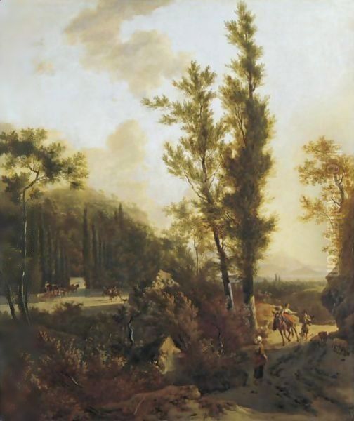 An Italianate Landscape With Peasants On A Road In The Foreground, Mounted Figures Entering The Forecourt To A Villa On The Left Oil Painting by Frederick De Moucheron