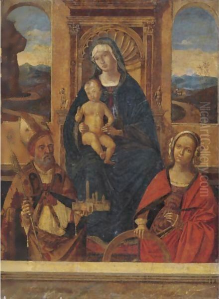 Madonna And Child Enthroned With Saints Petronius() And Catherine Of Alexandria Oil Painting by Bernardino di Bosio (see ZAGANELLI)