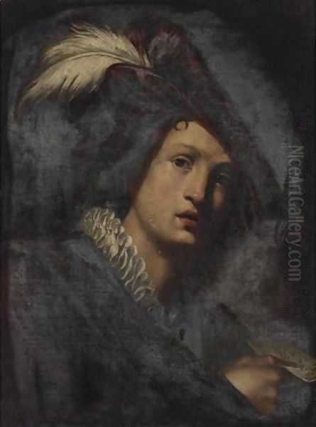 A Young Man Wearing A Feathered Hat, Holding A Sheet Of Music Oil Painting by Niccolo Renieri (see Regnier, Nicolas)