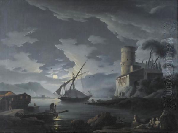 A Mediterranean Harbor By Moonlight Oil Painting by Carlo Bonavia