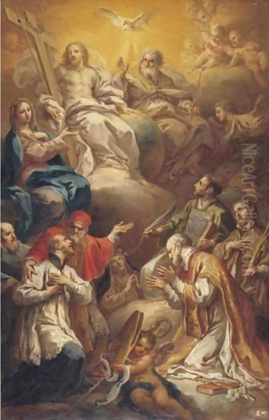 The Virgin Presenting Barnabite Saints To The Holy Trinity Oil Painting by Sebastiano Conca